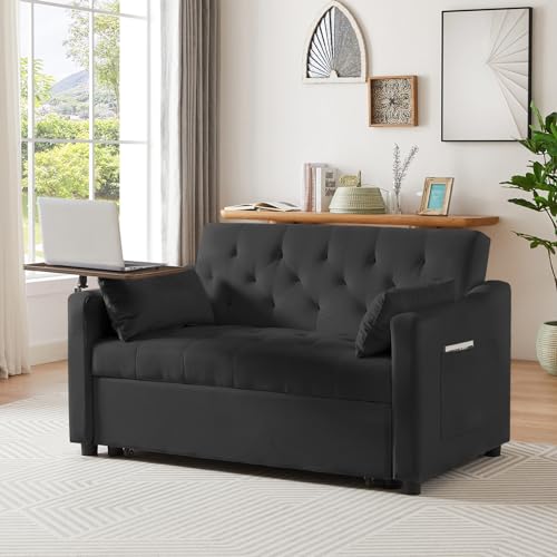 Grey Velvet Convertible Sleeper Sofa with Pull Out Bed S3382