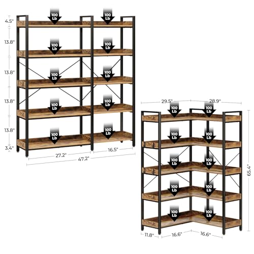 Rustic Brown 5 Tier Corner Bookshelf with Metal Frame B3218