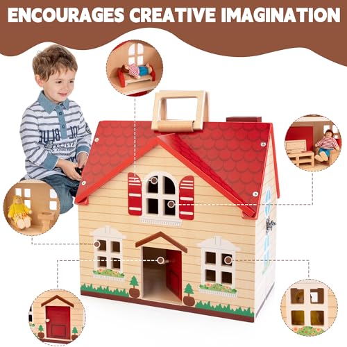 Foldable Wooden Dollhouse with 13pcs Furniture, 4 Rooms and 2 Flexible Dolls T5818