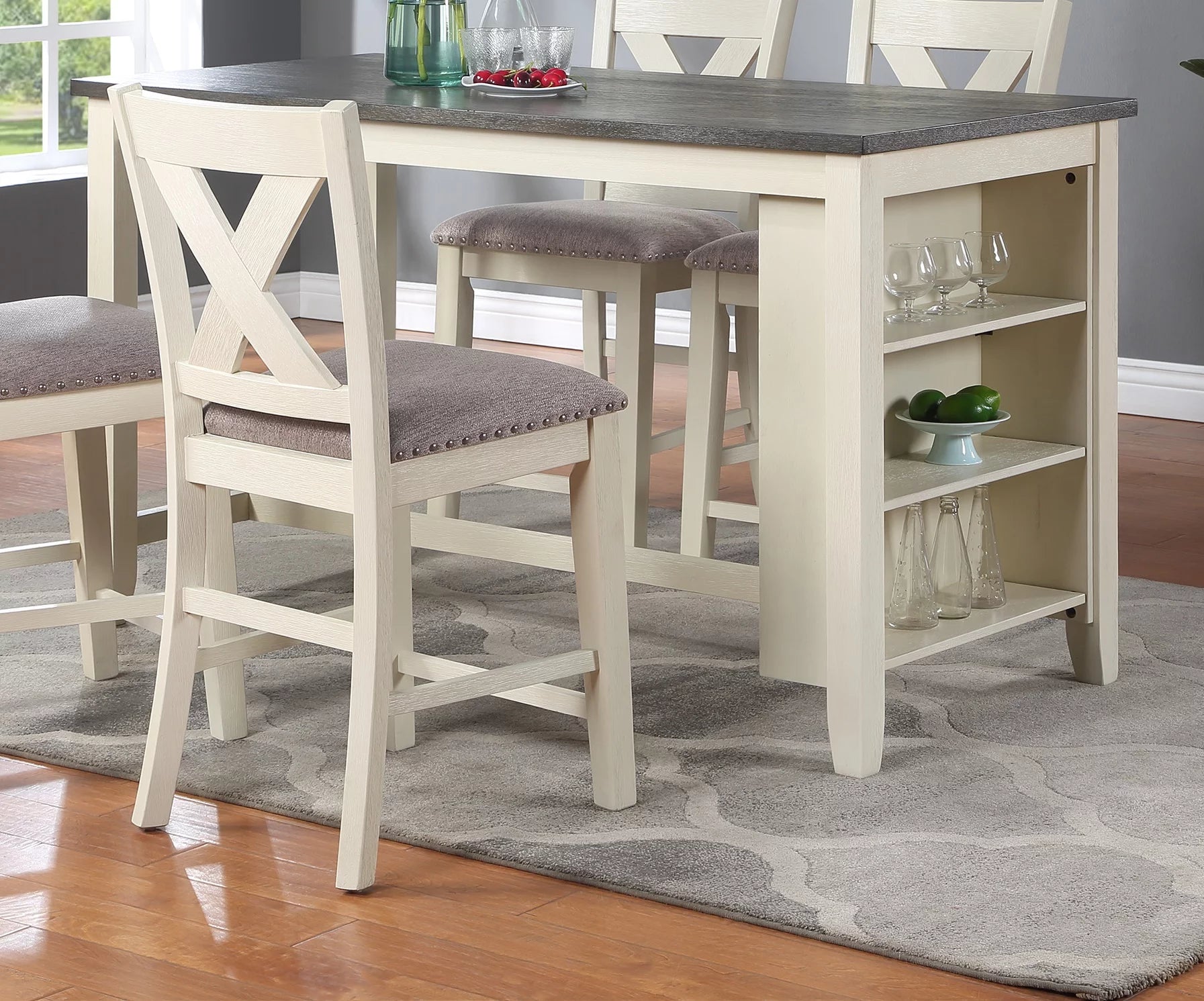 5pc Counter Height Dining Table with Storage Shelves and Stools E52093