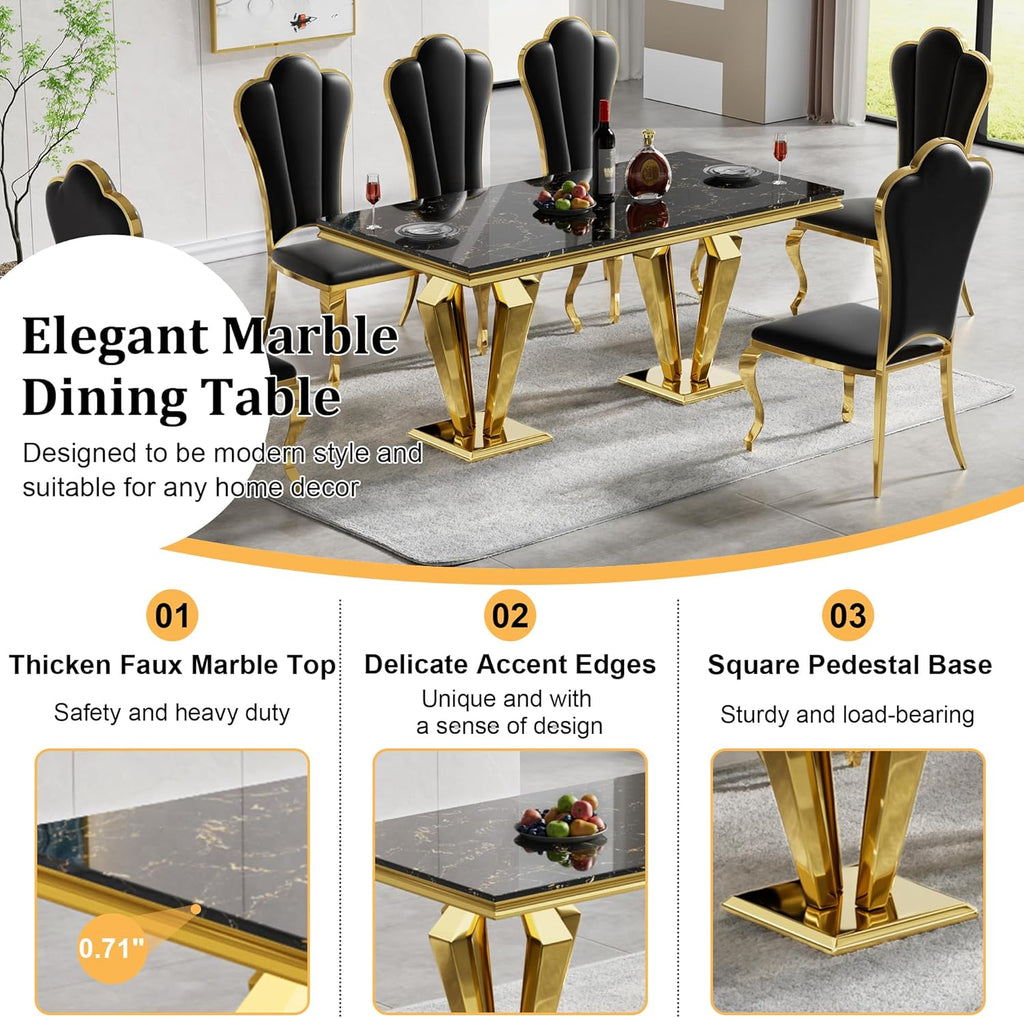 70" Black Gold Marble Dining Table Set with 6 PU Leather Chairs T72128
