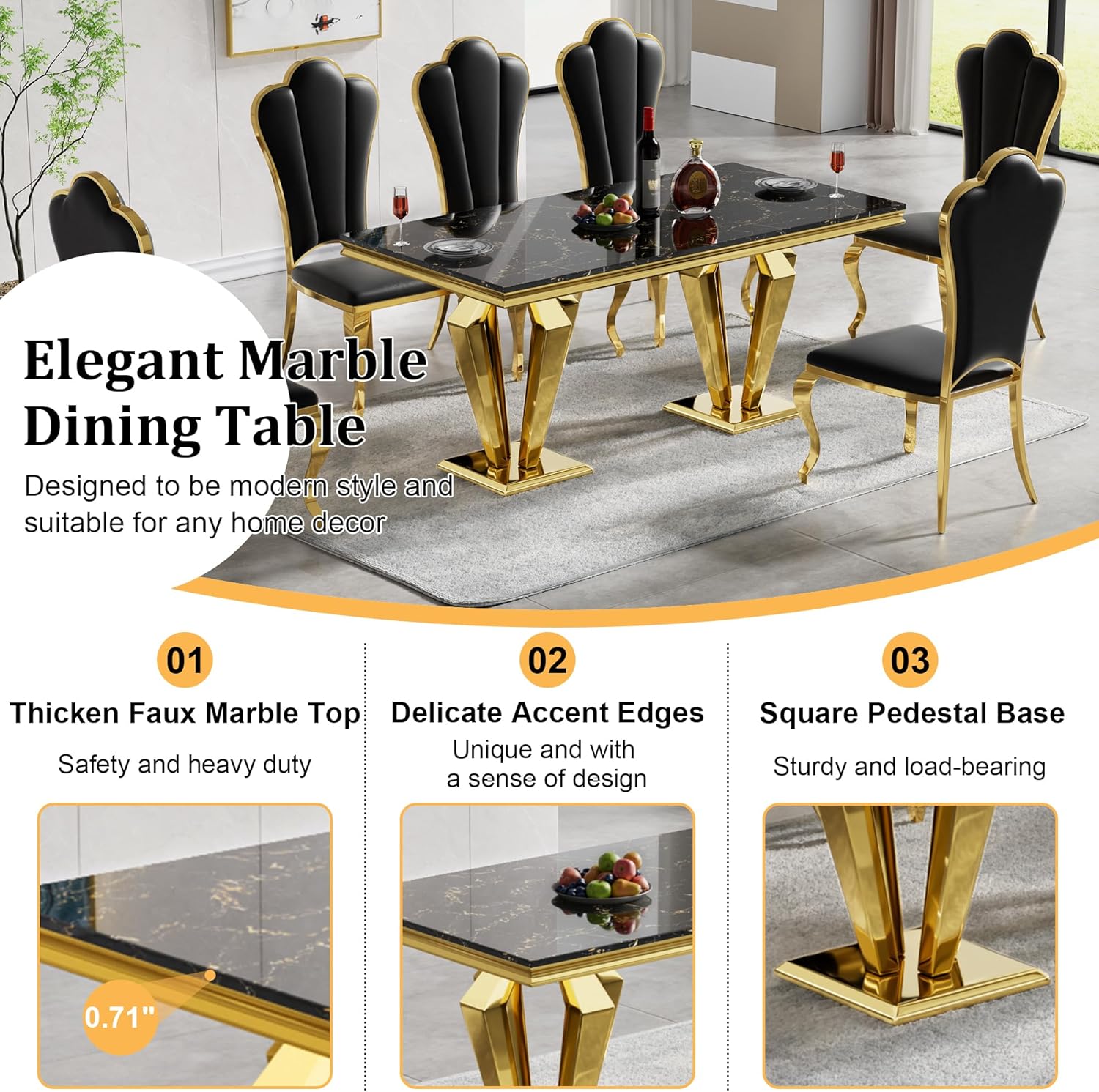 70" Black Gold Marble Dining Table Set with 6 PU Leather Chairs T72128
