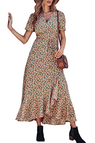 Women's Summer Wrap Maxi Dress Boho Floral V Neck Short Sleeve Ruffle Hem Split Beach Long Dresses M706792