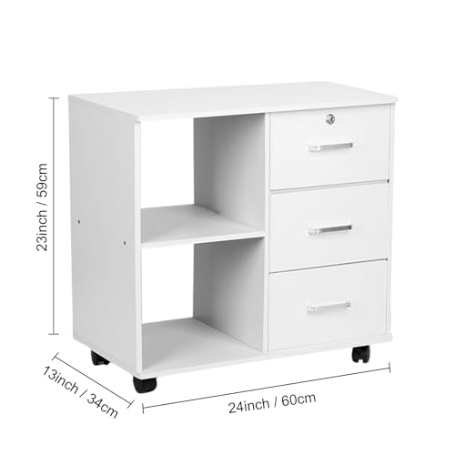 White 3 Drawer Wood Mobile File Cabinet with Open Storage Shelves D584441