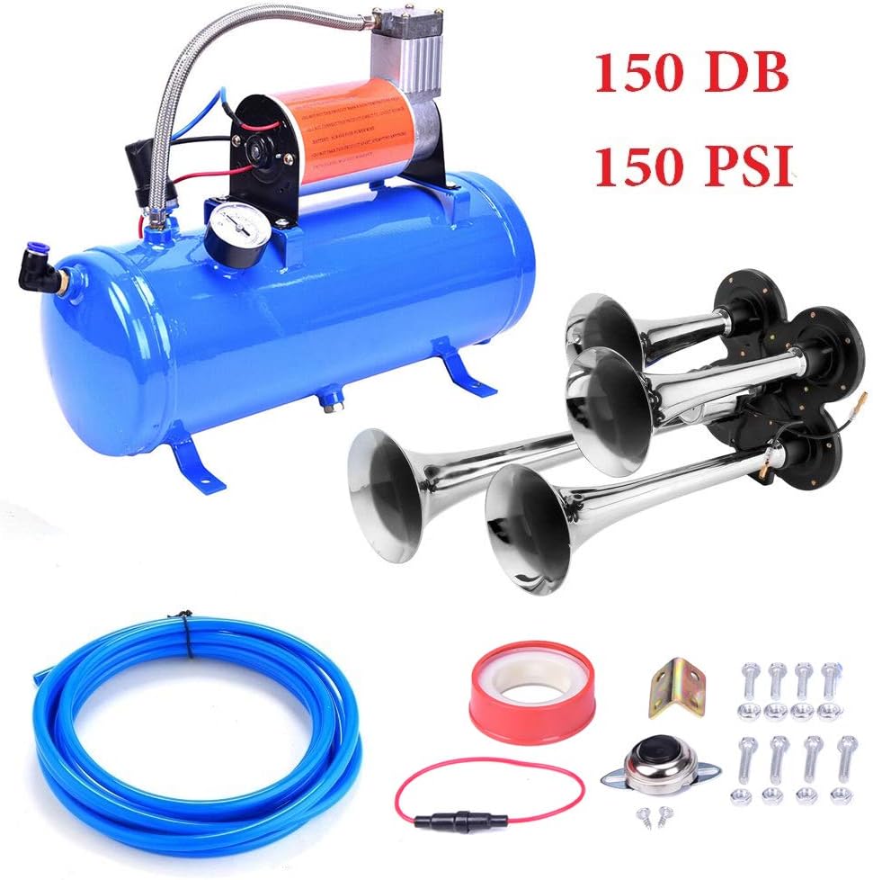 Blue 4 Trumpet Loud Train Horns Kit with 150 PSI 12V Air Compressor 1.59 Gallon M435