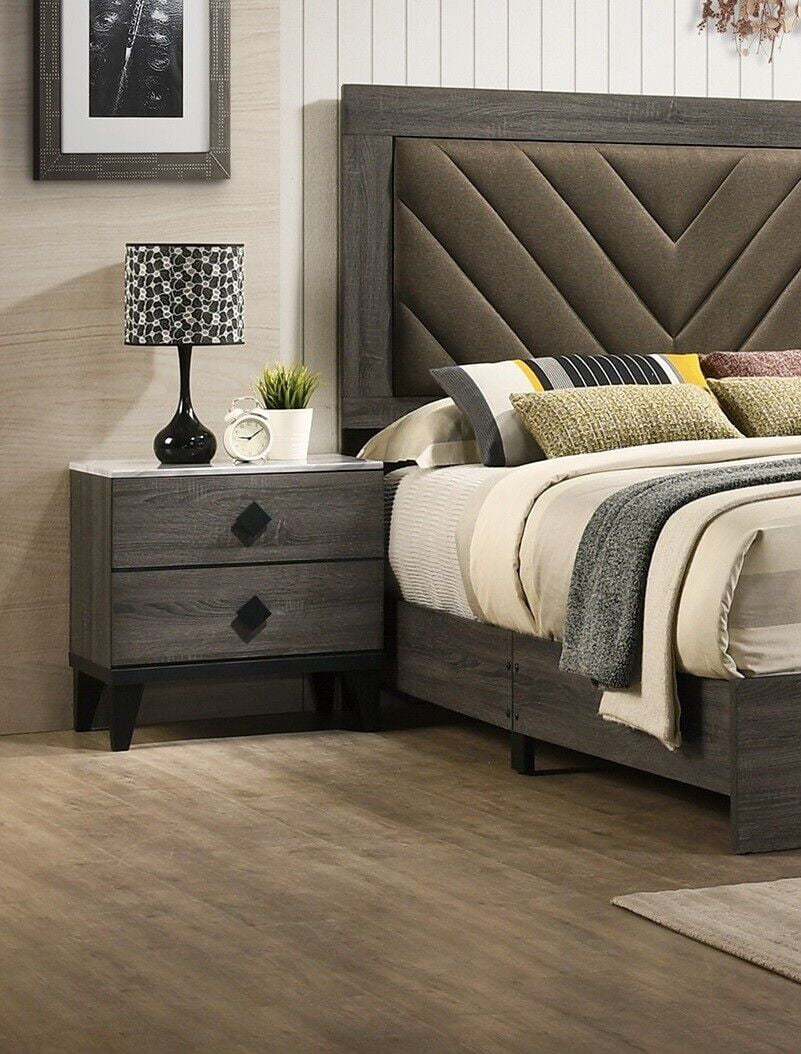 Gray Queen Size Wooden Bedframe with 2 Nightstands 3pc Furniture Set I343996