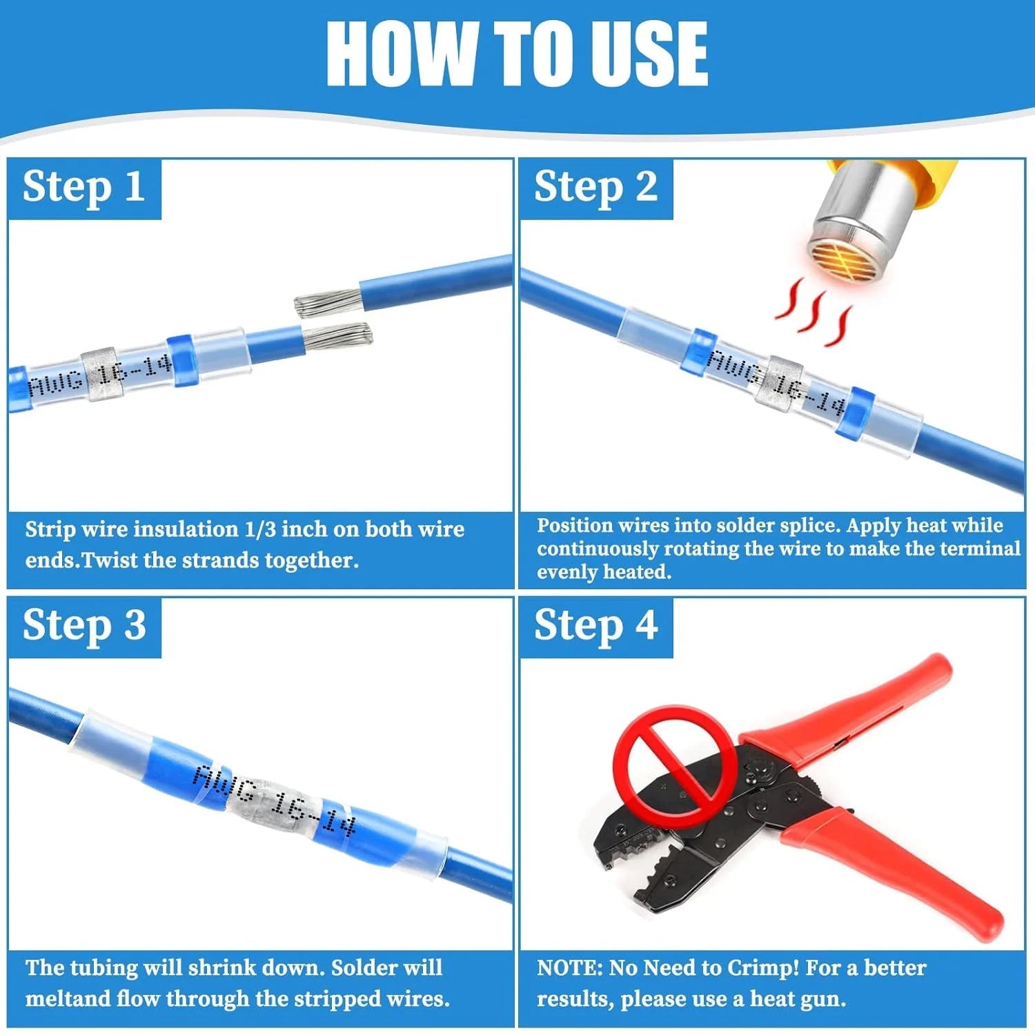 300PCS Self Soldering Heat Shrink Wire Connectors 26-8 AWG Waterproof Insulated Butt Splice Wire Terminals G46125