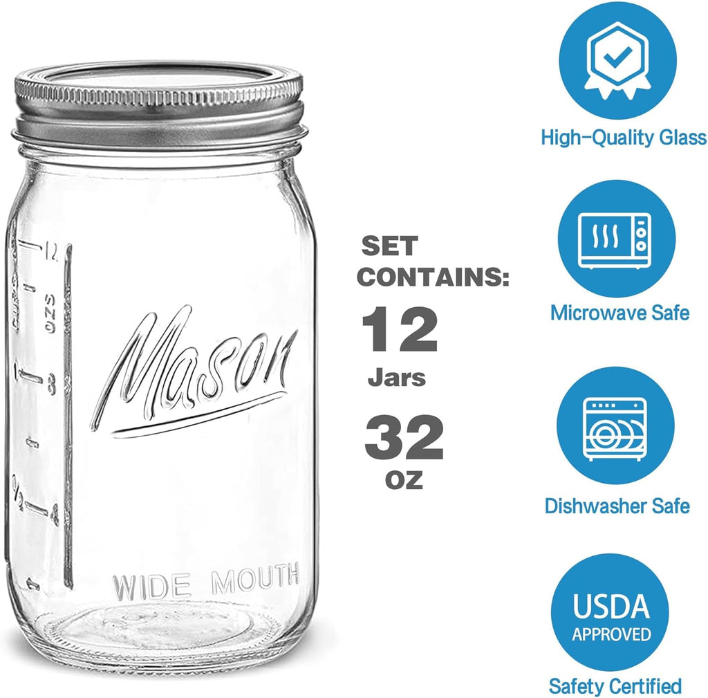 Wide Mouth Mason Jars 32 oz - 12 Pack Large Glass Mason Jars with Airtight Lids and Bands R140045