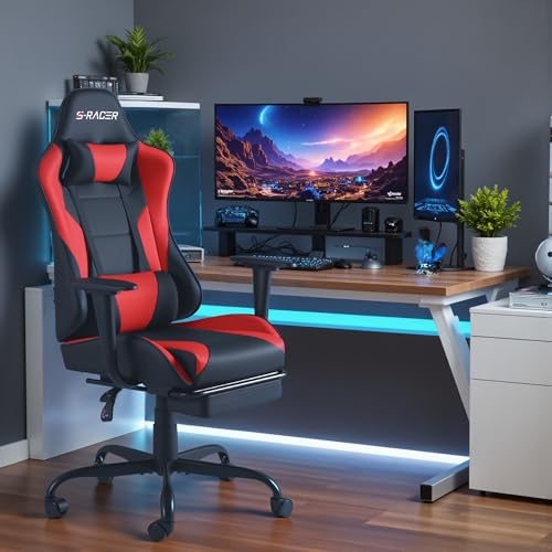 Black Gaming Chair with Footrest and Massage Lumbar Support B966634