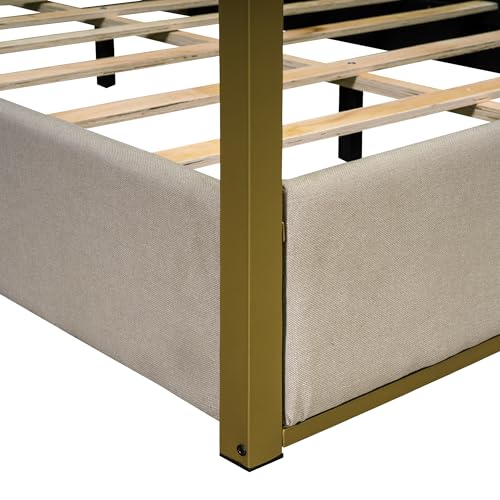 Queen Size Beige Upholstered Canopy Platform Bed Frame K270