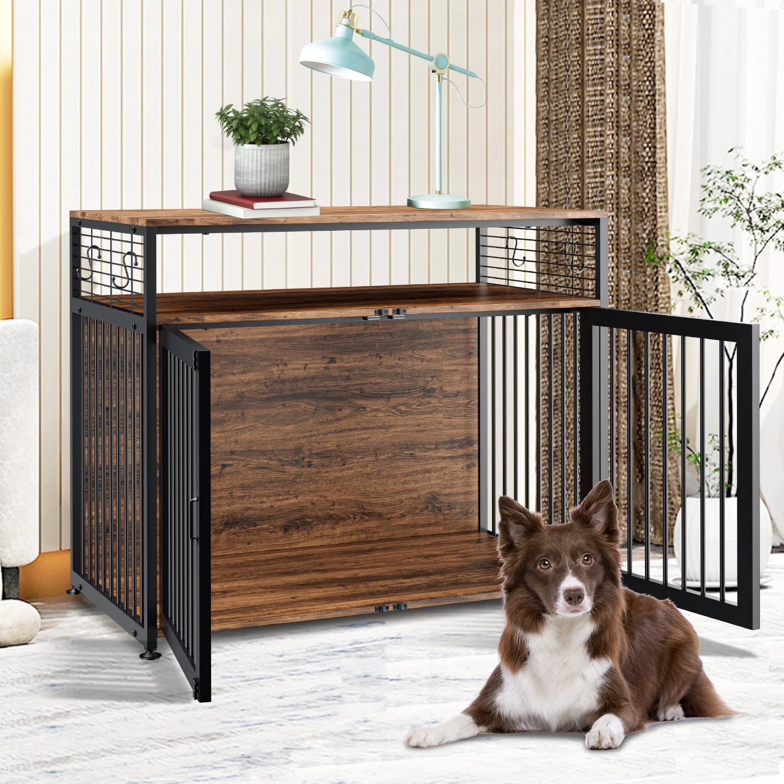 41" Wooden Dog Crate with Storage Side End Table C242