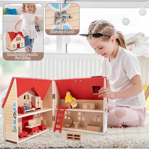Foldable Wooden Dollhouse with 13pcs Furniture, 4 Rooms and 2 Flexible Dolls T5818
