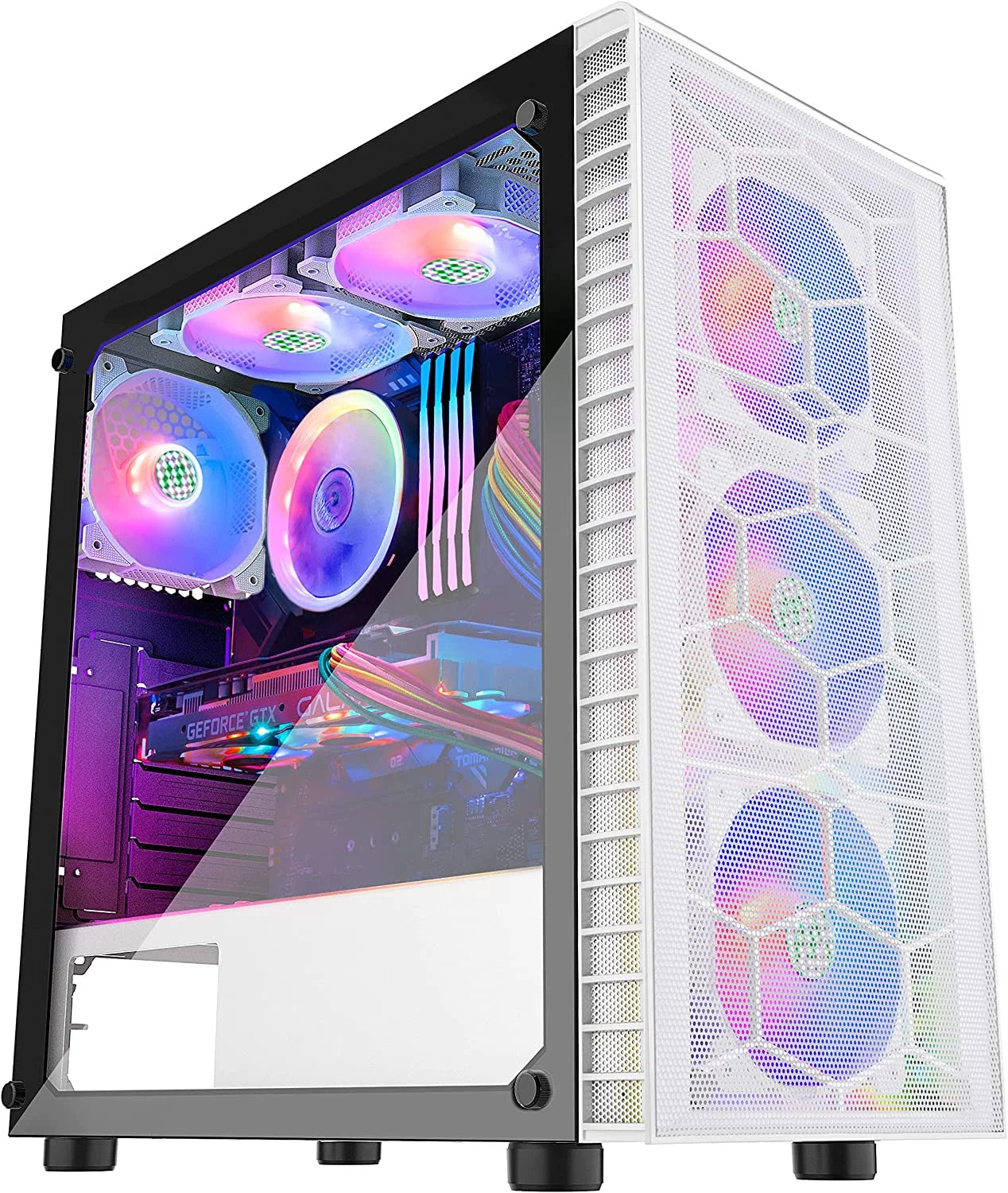 White Mesh Mid-Tower ATX PC Gaming Case with 6 ARGB Fans Tempered Glass T196