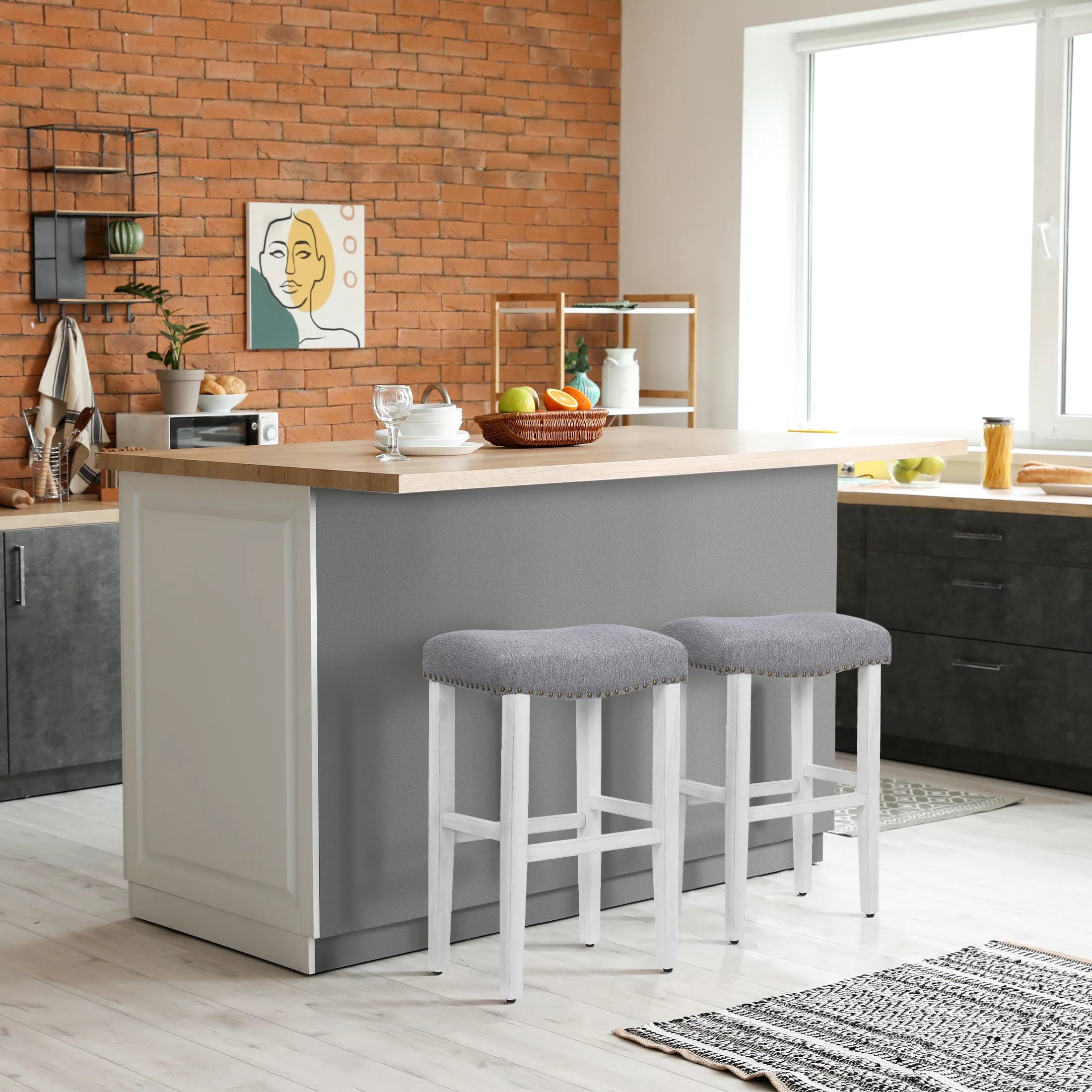 White Wooden Bar Stool Set of 2 with Gray Linen Cushion F5241