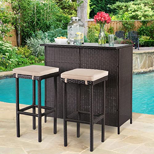 3-Piece Brown Wicker Patio Bar Set with Cushions B64789