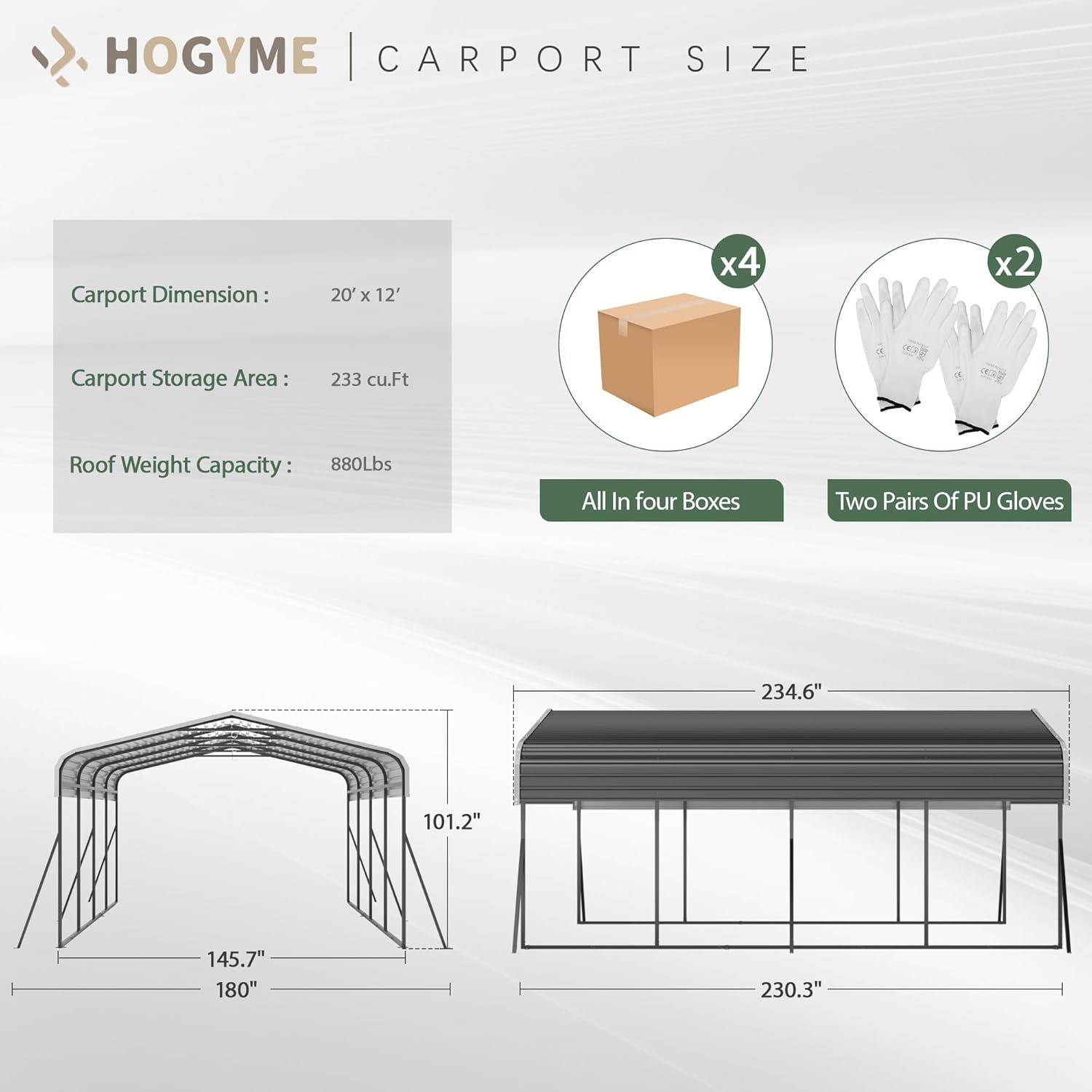 Grey Heavy Duty Galvanized Steel Carport Canopy 12x20 FT B943