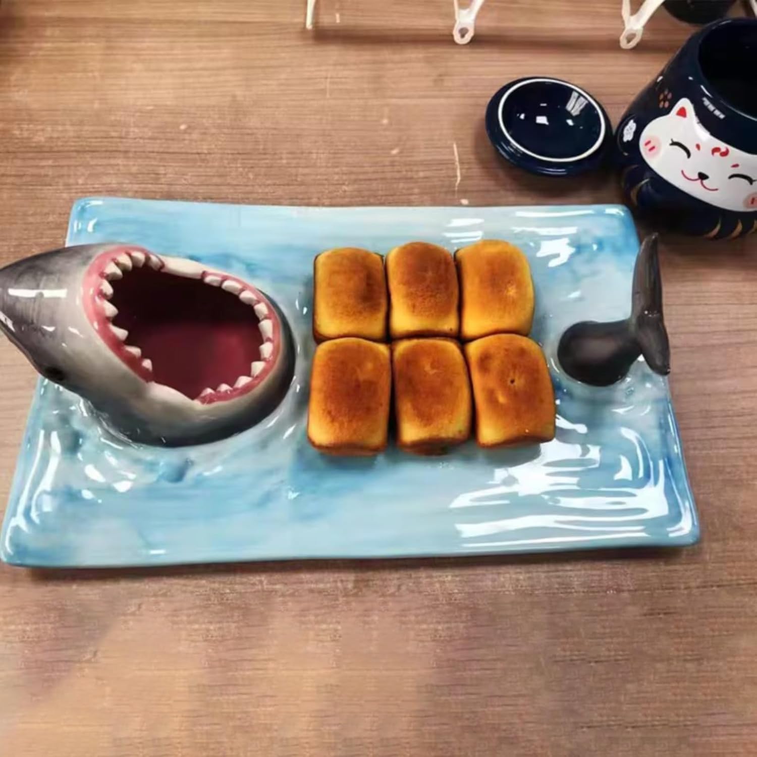 Shark Ceramic Sushi Plate with Soy Sauce Bowl and Chopstick Holder V4057