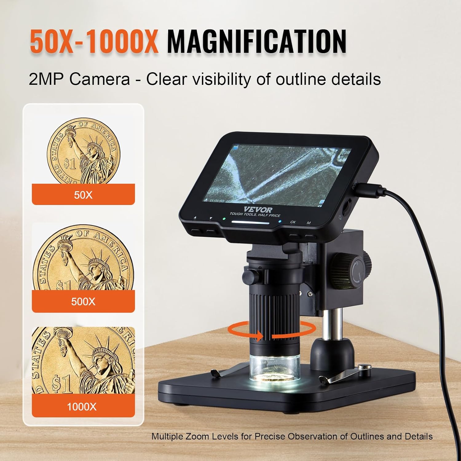 4.3" IPS Screen 50X-1000X Magnification LCD Digital Microscope with 8 LED Lights and 32GB SD Card X9759