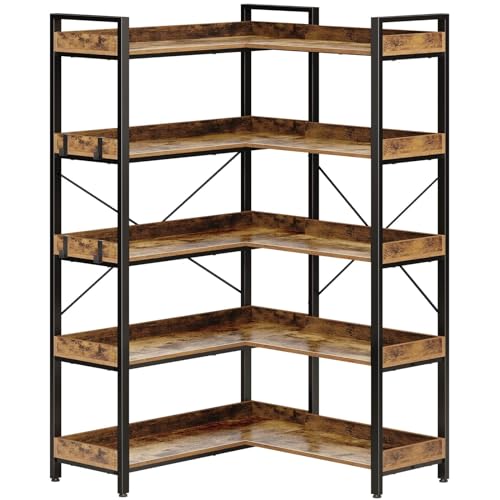 Rustic Brown 5 Tier Corner Bookshelf with Metal Frame B3218
