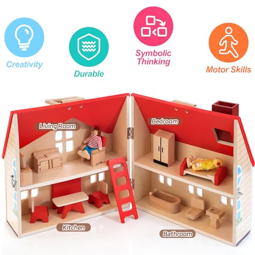Foldable Wooden Dollhouse with 13pcs Furniture, 4 Rooms and 2 Flexible Dolls T5818
