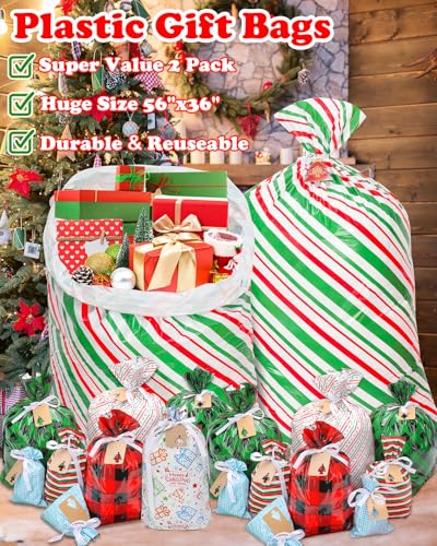 Large Christmas Gift Bags, Set of 4 44"x36" Jumbo Plastic Drawstring Gift Bags Z67514