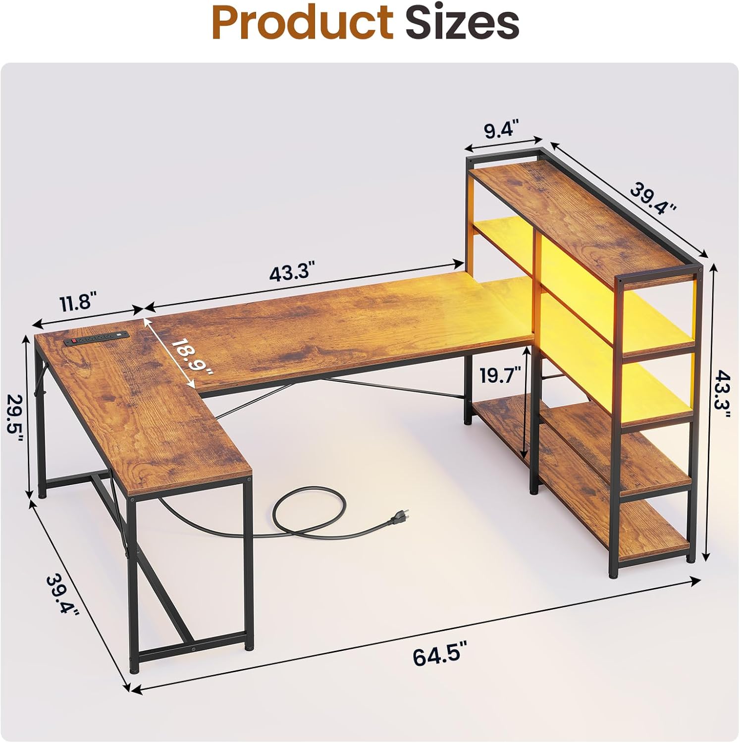 Rustic Brown L Shaped Computer Desk with Storage Shelves & Power Outlet Z50161