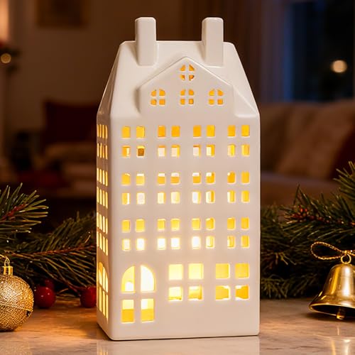 White Ceramic Christmas Village House with Lights U97315