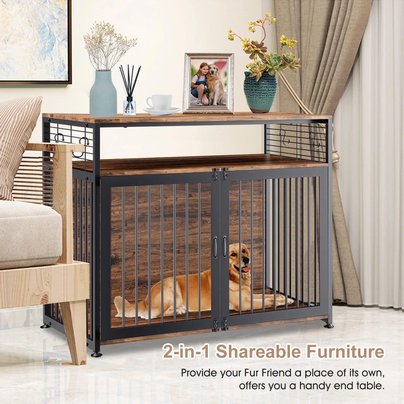 41" Wooden Dog Crate with Storage Side End Table C242
