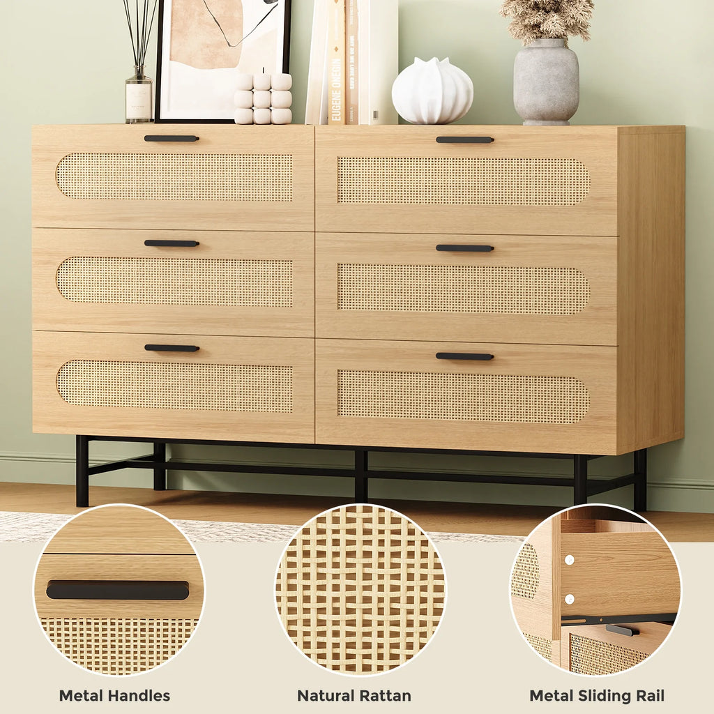 6 Drawer Natural Rattan Wood Dresser N33121