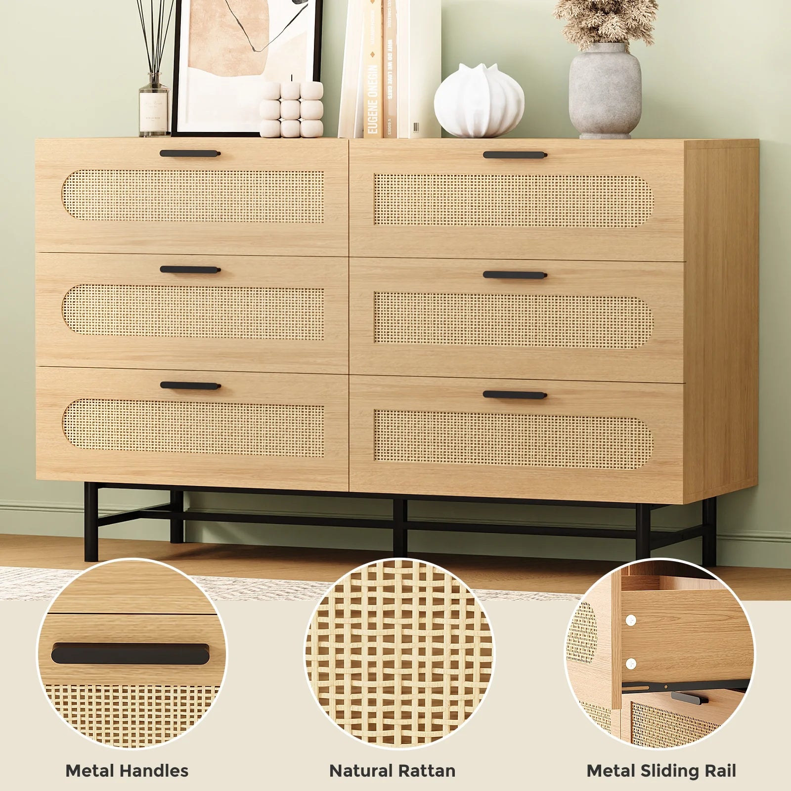 6 Drawer Natural Rattan Wood Dresser N33121