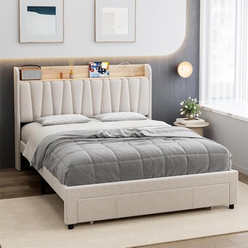 Beige Queen Size Upholstered Bed Frame with Drawers K2551
