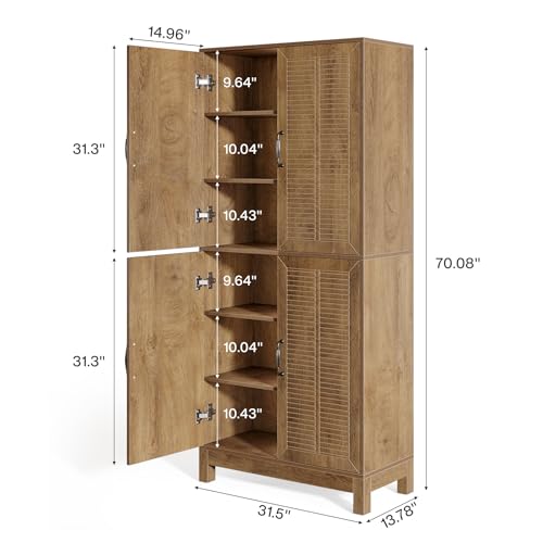 70" Tall Kitchen Pantry Cabinet with Adjustable Shelves, 6-Tier Storage Cabinet with Doors and Shelves, Rustic Brown J383