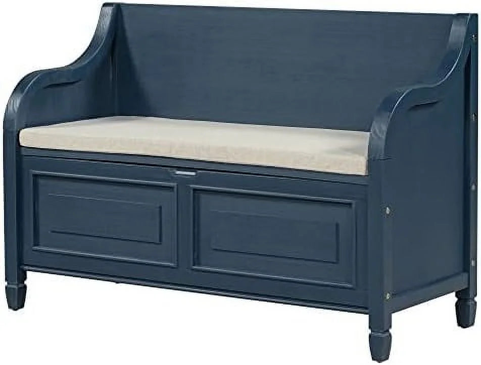 Rustic Entry Bench with Hidden Compartments and Removable Cushion (Antique Navy) K32898