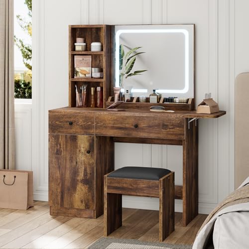 White Vanity Desk with Mirror and Lights, 2 Drawers X42598