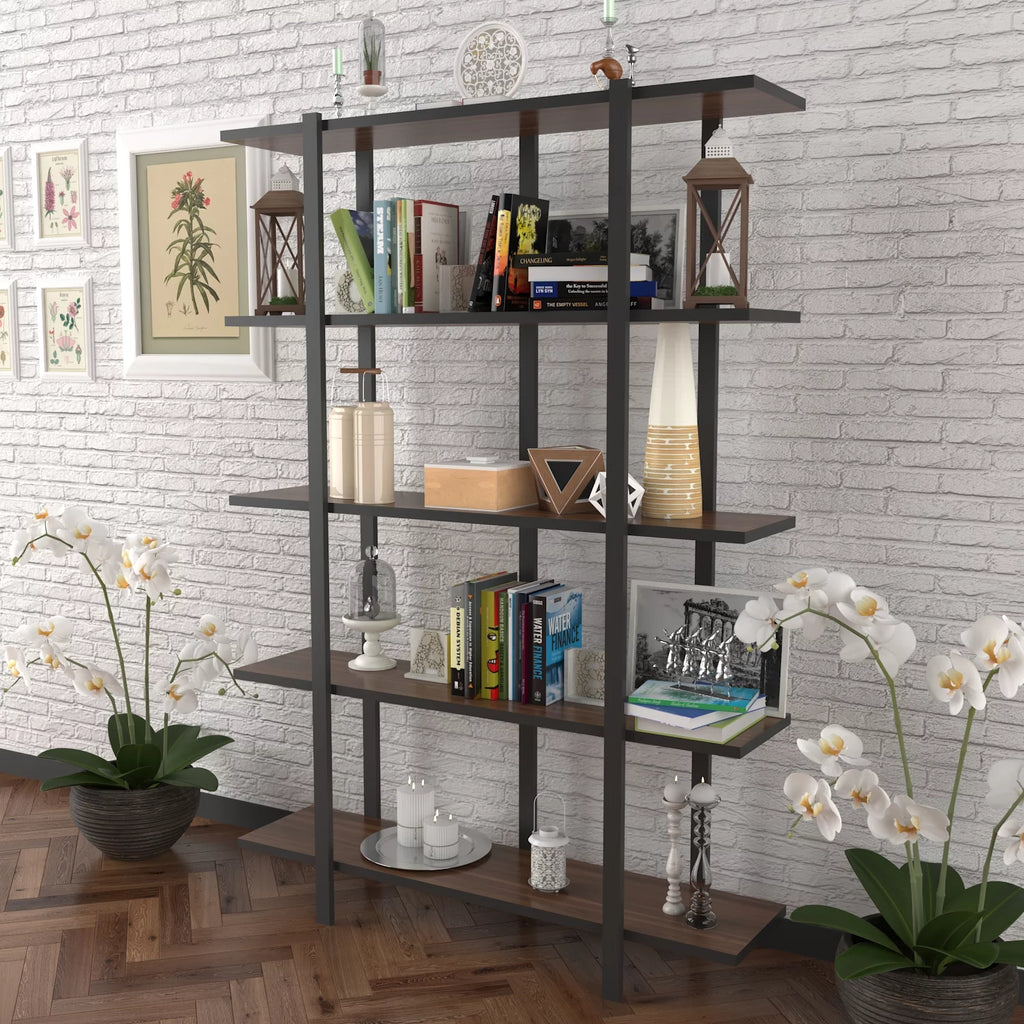 5 Tier Walnut Metal Frame Bookshelf U870075