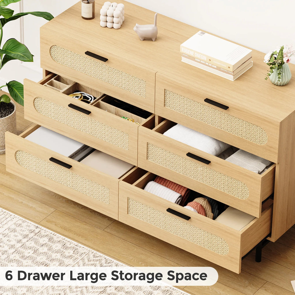 6 Drawer Natural Rattan Wood Dresser N33121