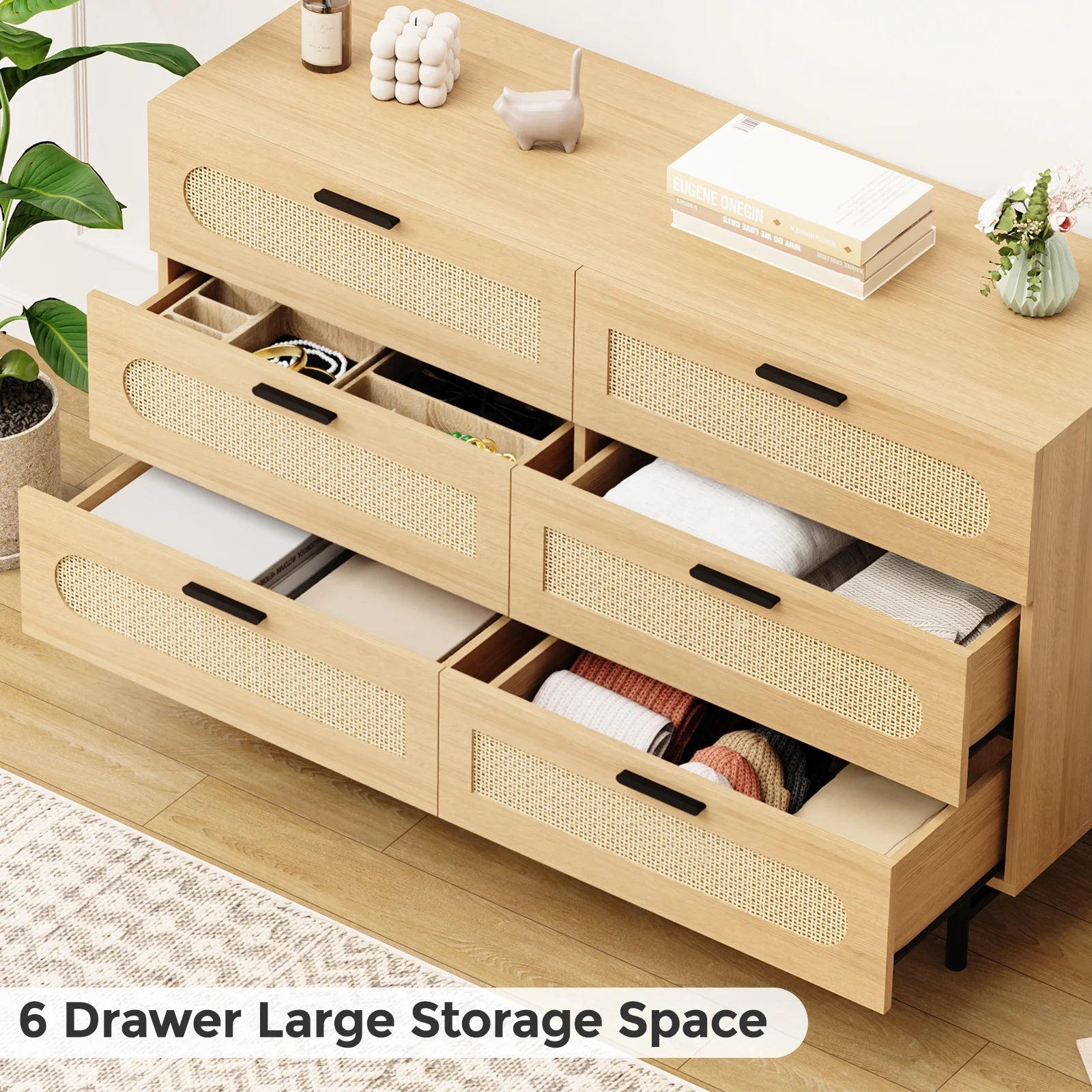 6 Drawer Natural Rattan Wood Dresser N33121