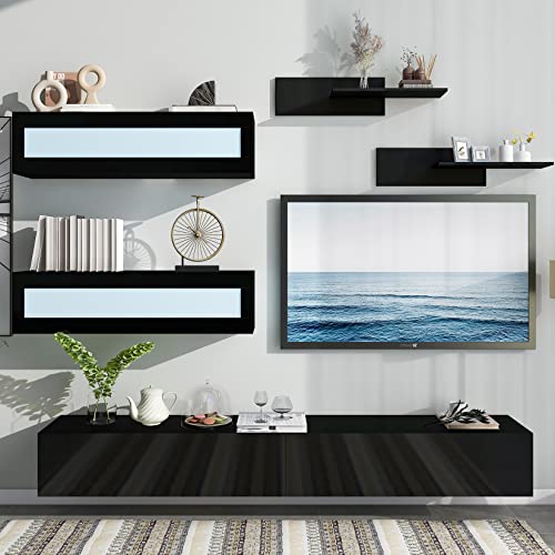 Black High Gloss Wall Mount Floating TV Stand with Four Media Storage Cabinets and Two Shelves F595409