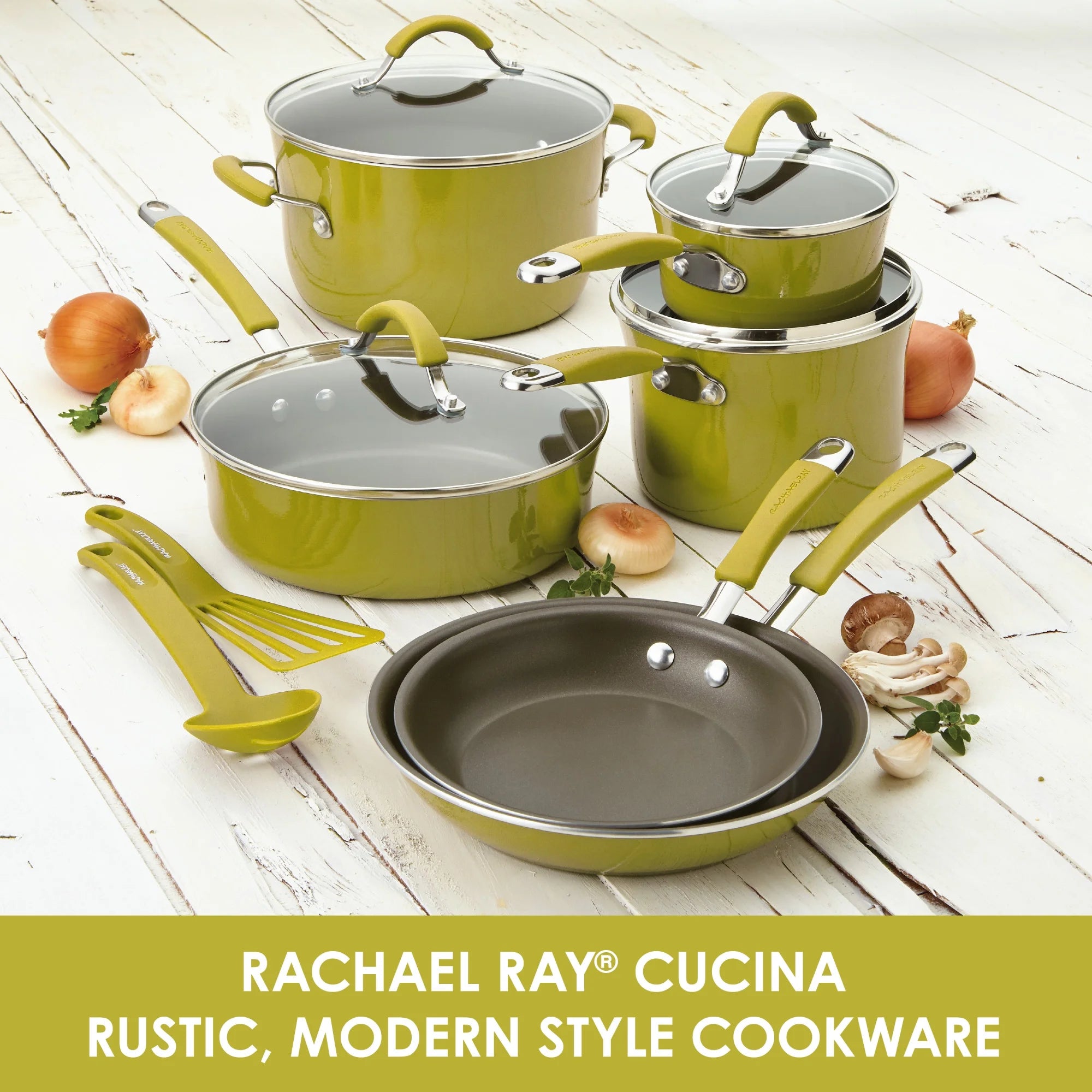 12 Piece Hard Porcelain Enamel Nonstick Pots and Pans, Lemongrass Green C816
