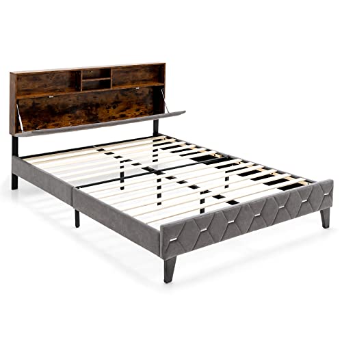 Queen Size Upholstered Platform Bed with Storage Shelves D8816