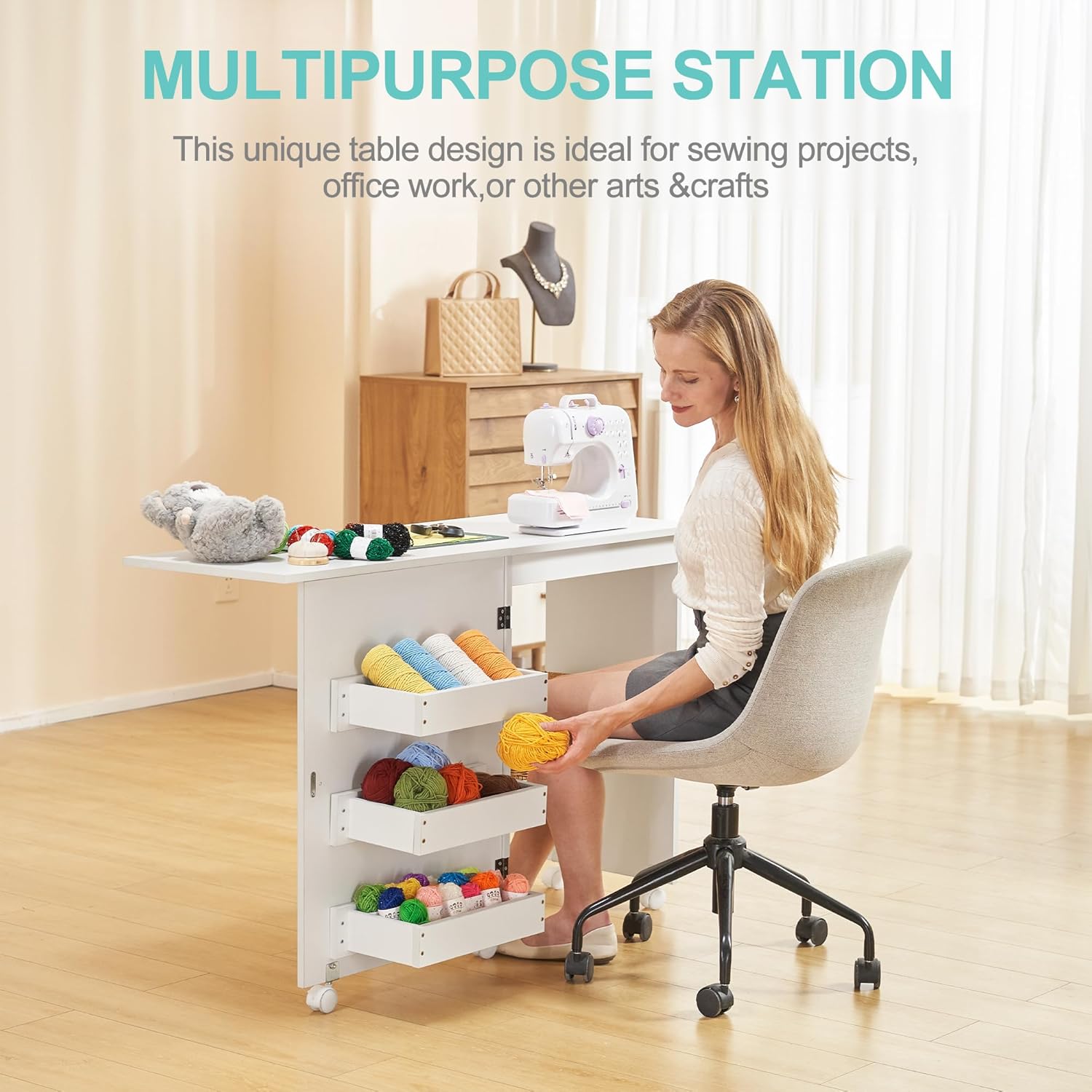 White Folding Sewing Table with 3 Storage Shelves and Lockable Casters V51131