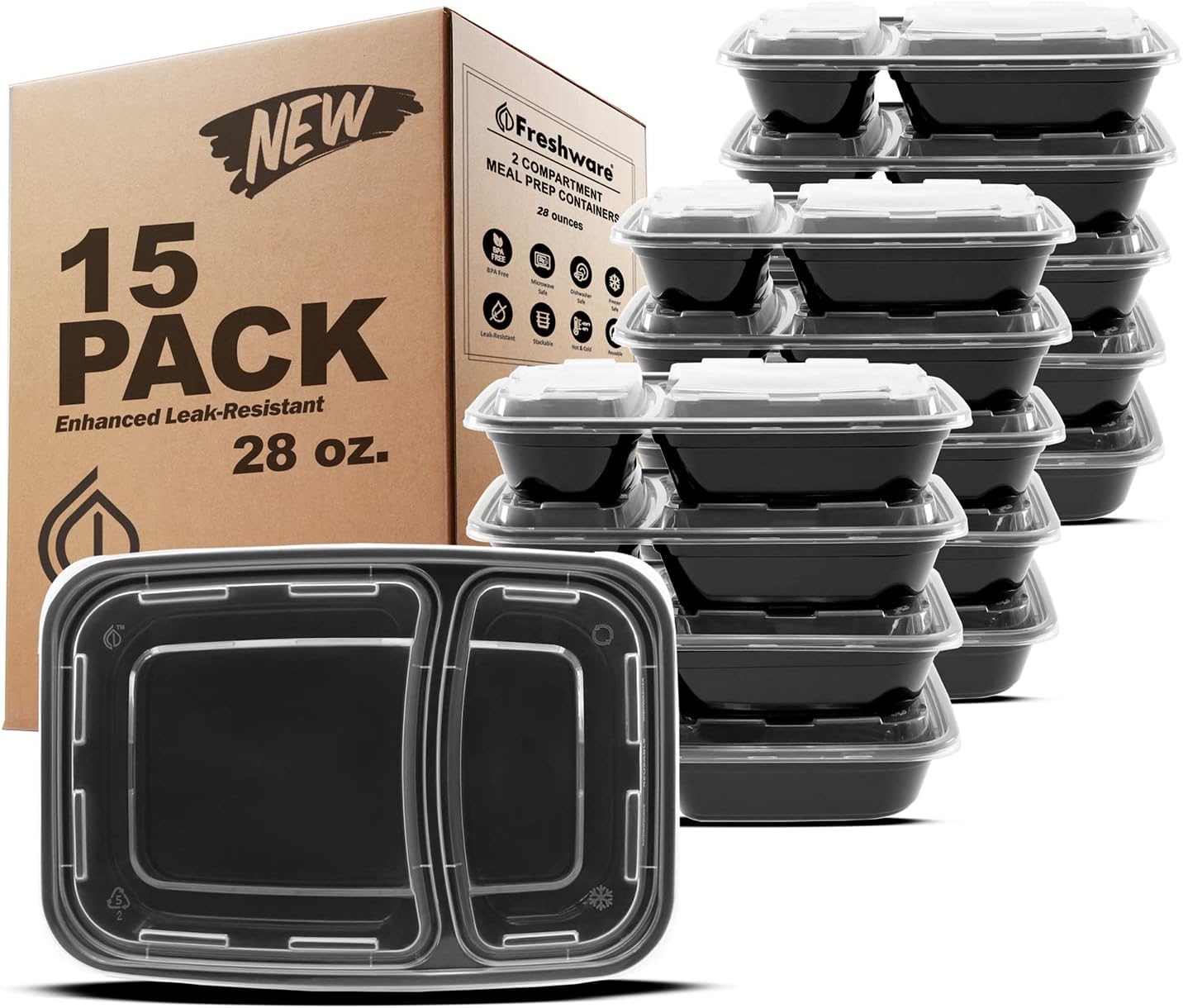15 Pack 2 Compartment BPA Free Food Storage Containers with Lids W35901