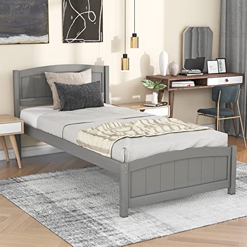 Twin Platform Bed Wood Bed Frame with Headboard and Footboard, Grey G851