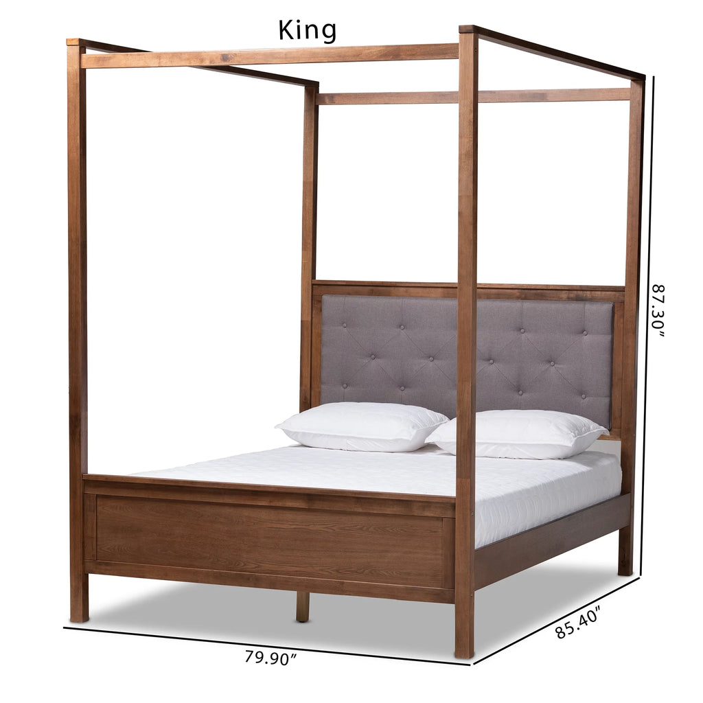 Queen Size Grey Fabric Upholstered Wood Platform Canopy Bed Y276