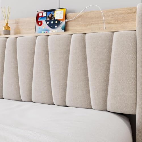 Beige Queen Size Upholstered Bed Frame with Drawers K2551