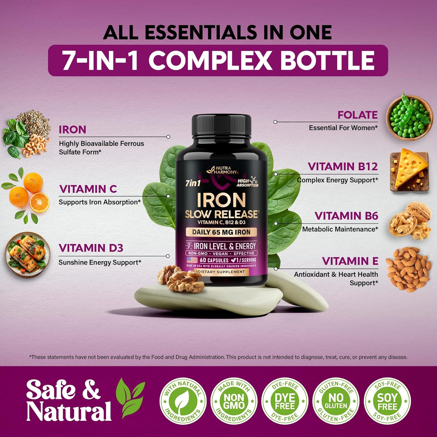 60 Capsules Iron 65mg Ferrous Sulfate 325mg Slow Release Z1252