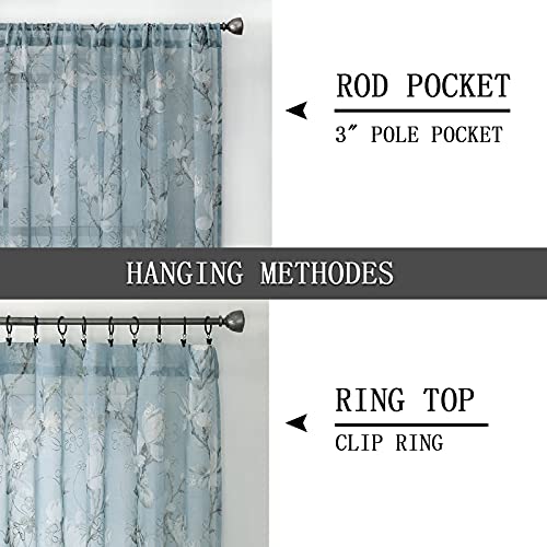 Floral Blue Short Sheer Curtains, 54 x 45 inches, Set of 2 Panels L4439