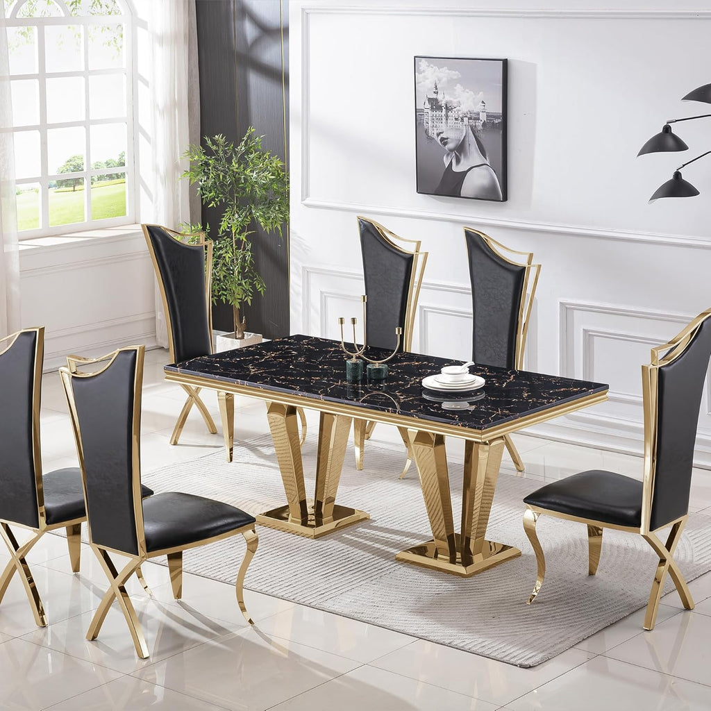 70" Black Gold Marble Dining Table Set with 6 PU Leather Chairs T72128