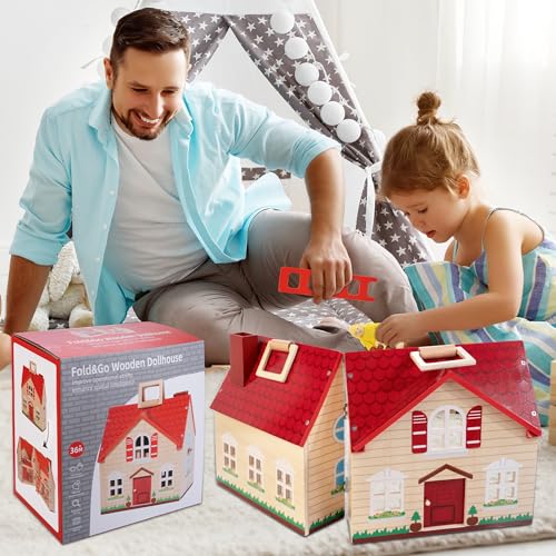 Foldable Wooden Dollhouse with 13pcs Furniture, 4 Rooms and 2 Flexible Dolls T5818
