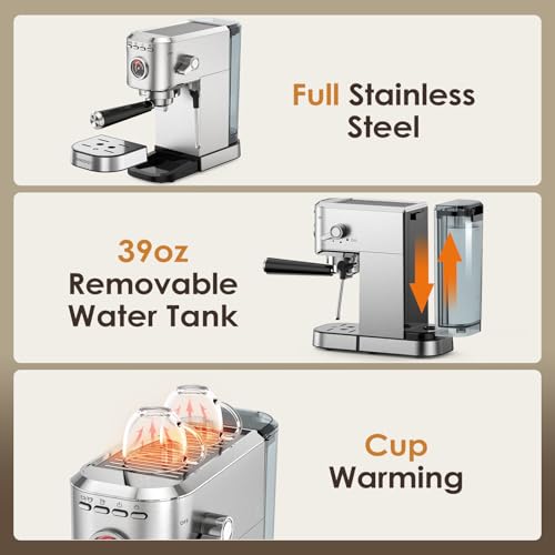 Compact Stainless Steel Espresso Machine with Milk Frother H668918